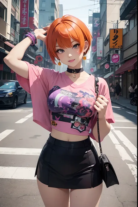 (masterpiece, best quality:1.1), TAKESHI OBATA illustration of an charismatic orange short hair Woman, urban woman, holding a purse, curvy body, large waist, orange hair color, cool very short hair, pixie cut hairstyle, ((wearing a dark purple cropped stre...