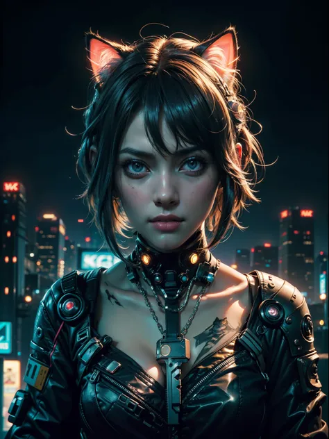 Beautiful ultra realistic photo of Reika Shimohira as a (Cyberpunk Nekomata catgirl), slender body, cat ears, cat tail, (dynamic pose), science fiction, cyberpunk city in the background, Gantz, Cyberpunk 2077,  masterpiece, best quality, wallpaper, HDR, hi...