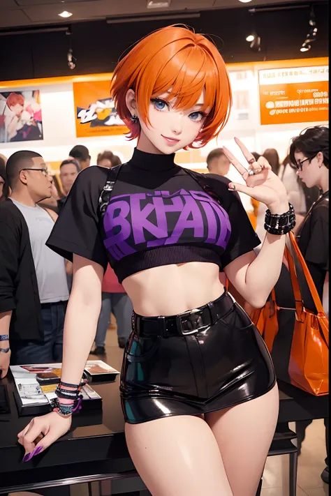 (masterpiece, best quality:1.1), TAKESHI OBATA illustration of an charismatic orange short hair Woman, urban woman, holding a purse, curvy body, large waist, orange hair color, cool very short hair, pixie cut hairstyle, ((wearing a dark purple cropped stre...