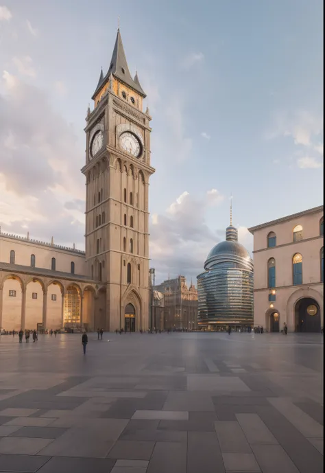 futuristic city square at dusk, hyperrealistic photo, future clock tower and baptistery, cloudy sky , flying cars, people dressed in a futiristic way, year 2213