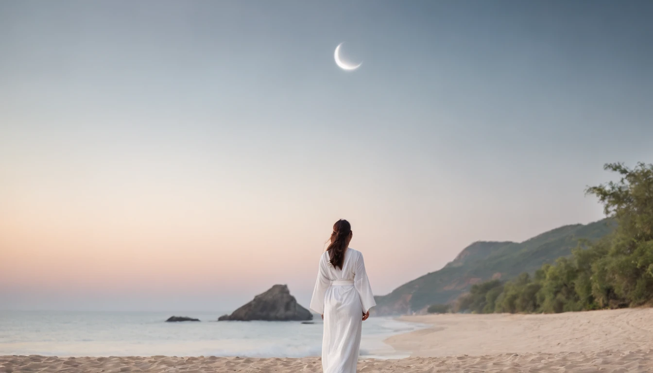 White robe，huge tit，The face is like Tifa，Temperament dust，Panorama like，At night on the beach by the sea，Burn incense and worship the moon，The moon hangs high，Elevation perspective，Light clouds obscured the moon