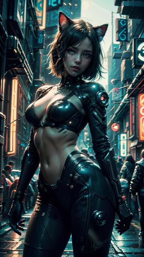 Beautiful image of Reika Shimohira as a (Cyberpunk Nekomata catgirl), slender body, cat ears, cat tail, ((dynamic pose)), science fiction, cyberpunk city in the background, Gantz, Cyberpunk 2077, Ultra realistic photo, masterpiece, best quality, CG, wallpa...