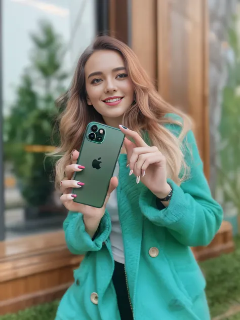 Mulher no casaco verde segurando um iPhone preto na frente de uma janela, with apple, iPhone in hand, she is holding a smartphone, iphone 12 pro max |, Directed by: Emma Andijewska, 🤬 🤮 💕 🎀, phone in hand, Iphone 13, iphone 1 3, holding a very advance phon...