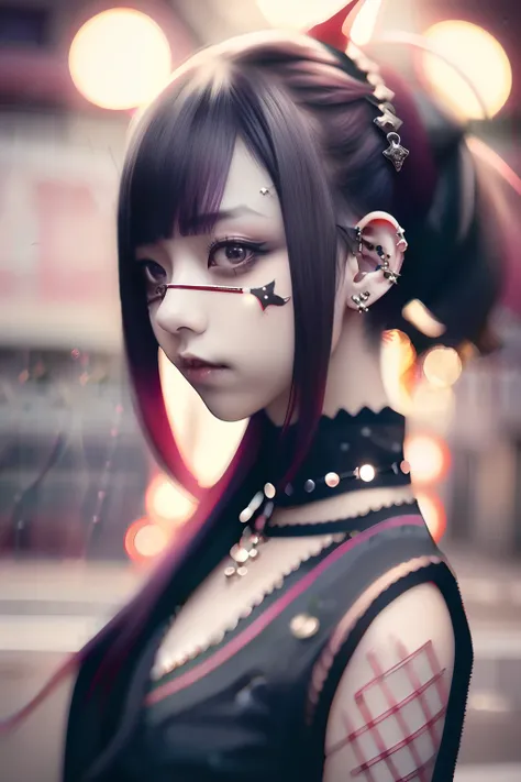 Sleeveless、The tattoo、bright red、Really red、Red、Red-haired、rot、red hairs、head phone、🎧、goth_punk, 1girl in, 独奏, medium shot, Walking in Harajuku, ((during night)), bokeh dof, Neon light, Iridescent eyes, starrysky, red glowing hair, Black eyebrows, Radiant ...