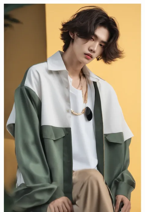 um homem com um colar e esando uma t-shirt, standing in front of a white background, Cai Xukun, Yanjun Chengt,, ele tem cabelos castanhos curtos e cacheados, Inspirado em Jeonseok Lee, he has an elongated head shape, XQC, com o mesmo penteado, solid backgr...