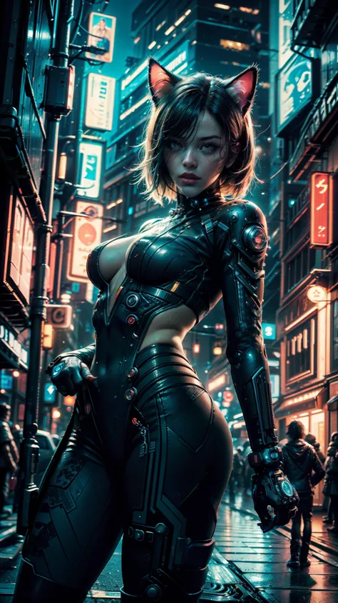 Beautiful image of Reika Shimohira as a (Cyberpunk Nekomata catgirl), slender body, cat ears, cat tail, ((dynamic pose)), science fiction, cyberpunk city in the background, Gantz, Cyberpunk 2077, Ultra realistic photo, masterpiece, best quality, CG, wallpa...