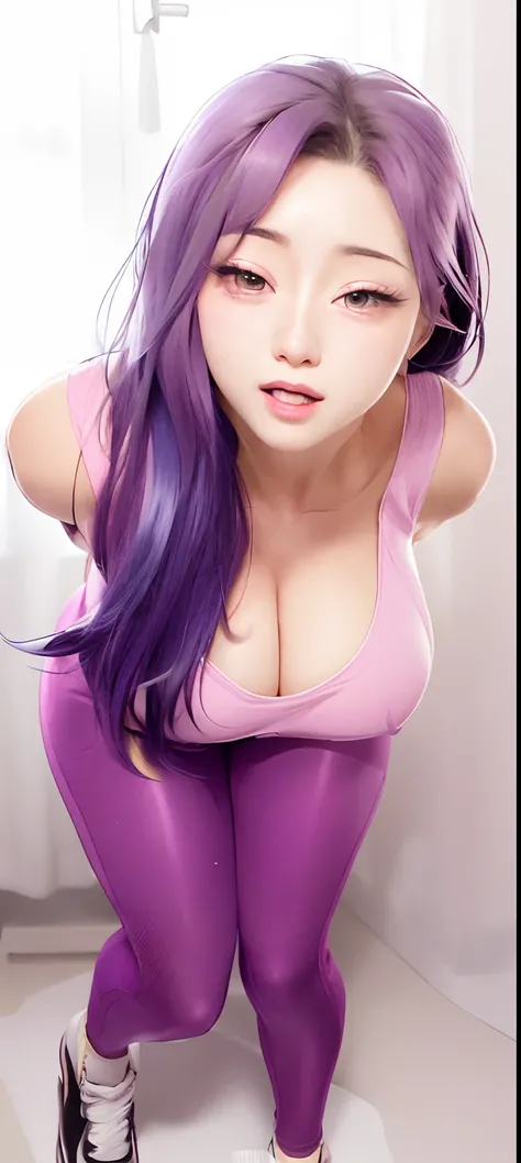 a cartoon picture of a woman with pink hair and purple pants, oppai, seductive anime girl, thicc, violet tight tanktop, juri misaki, beautiful alluring anime woman, chun li at the gym, ahegao, ecchi anime style, anime woman, marin kitagawa fanart, biomecha...