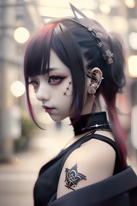 Sleeveless、The tattoo、bright red、Really red、Red、Red-haired、rot、red hairs、head phone、🎧、goth_punk, 1girl in, 独奏, medium shot, Walking in Harajuku, ((during night)), bokeh dof, Neon light, Iridescent eyes, starrysky, red glowing hair, Black eyebrows, Radiant ...