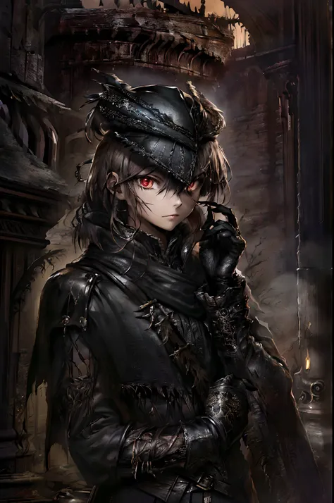 (highly detailed:1.3), 1girl, solo, smug, (red eyes:1.3), (glowing eyes:1.2), elegant, mesmerizing, edgBB,gown, black gloves, belt, coat, torn clothes, capelet, gauntlets, arms at sides, vambraces, black capelet, tricorn,hat, hunter (bloodborne), woman wea...