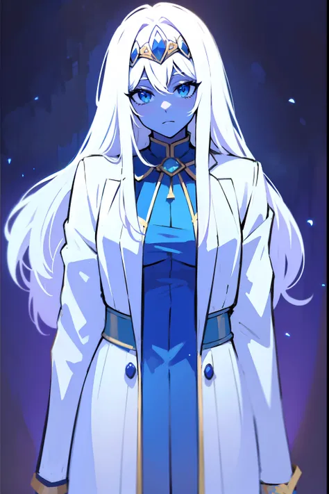 blue skin, goddess, long straight white hair, tiara, white suit