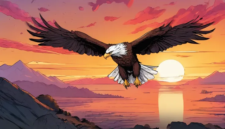 (extremamente detalhado CG unidade 8k papel de parede, master part, melhor qualidade), stunning sunset, majestic eagle flying over the horizon.