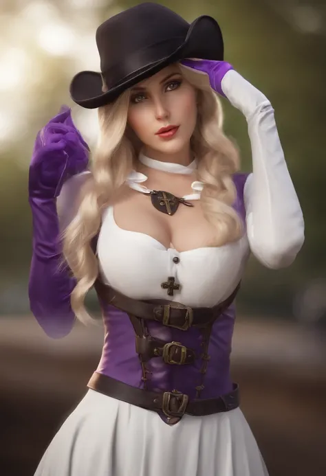 Z23,, Textured skin, 8K, Beautiful detailed eyes, Cinematic lighting, Beautiful detailed face, Ultra-detailed, world masterpiece theater, Cinematic lighting,, 1girll, Solo, Blonde hair, Purple eyes, Hair Bow, White shirt, beret, Bare shoulders, mitts, Iron...