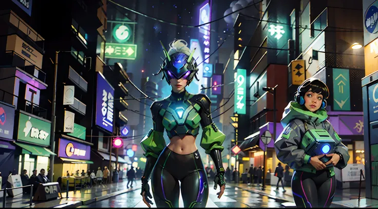 Original, master part, best quality, Uma mulher ciborgue em um triangulo verde ilumina Cyberhelmet com orelhas verdes, corpo inteiro, marked tight pants, sapato de basqyete, com jaqueta preta de hip-hop, seios grandes, cidade cyberpunk futurista, noite chu...