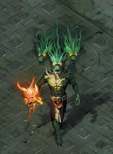 The green-haired and glowing eyes of the Aalfed creature walks the brick road, the hydra from path of exile, flame conjuring armored, Diablo, demon necromancer, demon male, male djinn man demon hybrid, detailed hot maw, diablo 4 lilith, Male necromancer, d...