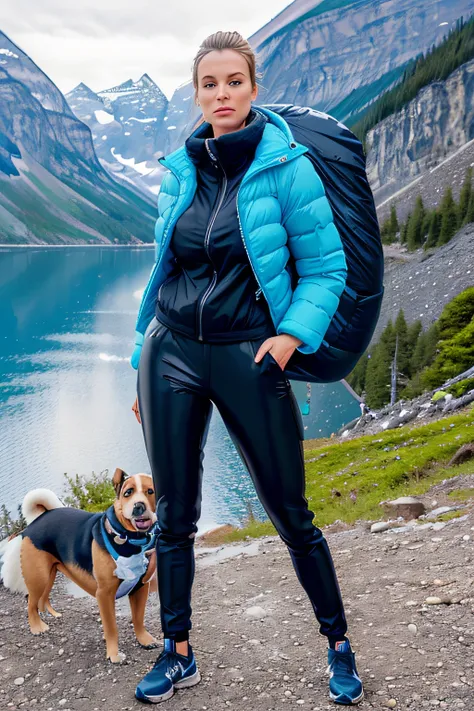 Make a woman with big breast, Blue pufferjacket , with open zipper, with face, body, landscape, night, travel bag, black pants, camper, dog