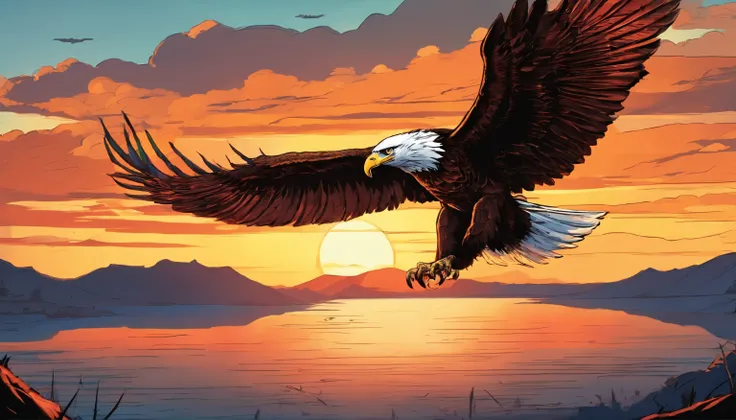 (extremamente detalhado CG unidade 8k papel de parede, master part, melhor qualidade), stunning sunset, majestic eagle flying over the horizon.