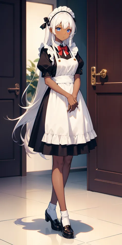 1 girl, brown skin, maid uniform, very long white hair, blue eyes, Full body,