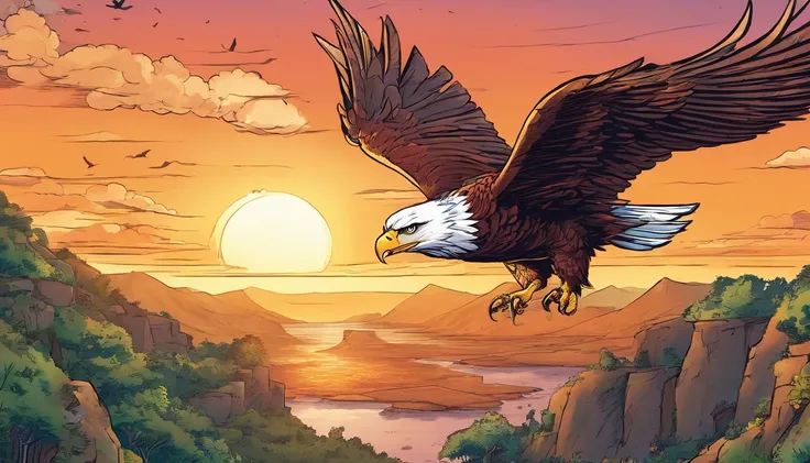 (extremamente detalhado CG unidade 8k papel de parede, master part, melhor qualidade), stunning sunset, majestic eagle flying over the horizon.