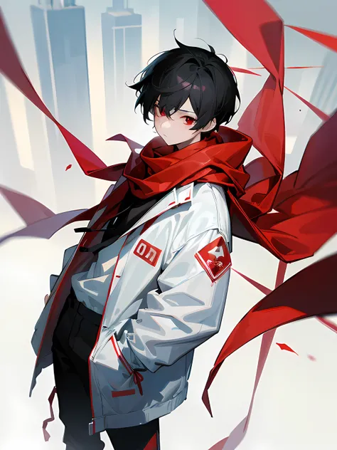 1boy, short black hair, red eyes, wearing white jacket, wearing red ribbon as a scarf, black baggy pants, sad, city, absurdres, high res, ultrasharp, 8k, masterpiece