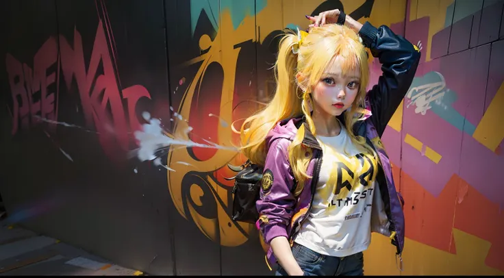 1 girl, wearing a jacket, long yellow hair, carrying spray paint, in front of a colorful wall, realistic