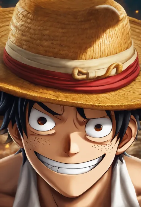 Monkey D. Luffy: "Crie uma imagem realista de Monkey D. Luffy, the captain of the Straw Hat Pirates, gordo e sobrepeso. and wear his straw hat. 4k, superrealista