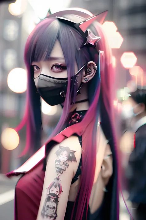 miku hatsune、long、long、masks、Sleeveless、The tattoo、bright red、Really red、Red、Red-haired、rot、red hairs、head phone、🎧、goth_punk, 1girl in, 独奏, medium shot, Walking in Harajuku, ((during night)), bokeh dof, Neon light, Iridescent eyes, starrysky, red glowing h...