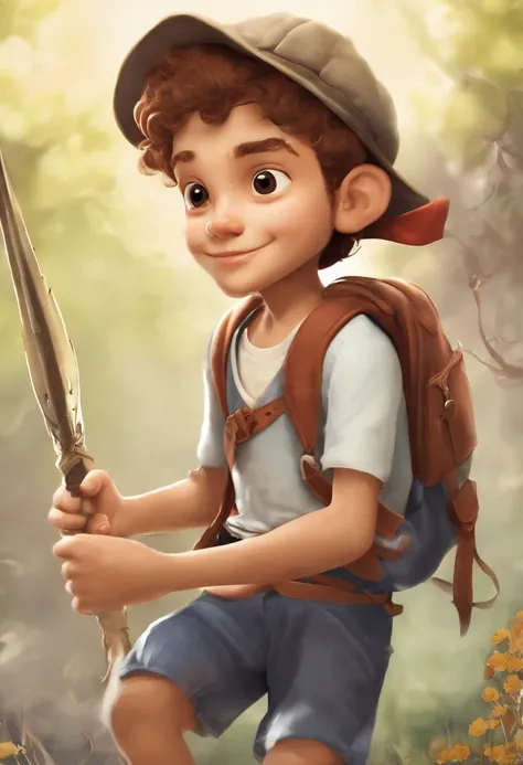 personagem para um e book infantil, Hes the little explorer, various positions, childrens book ilustration style, simples, fofo, 6 anos, cores, cabelo castanho curto, cor lisa, camisa branca de manga curta, shorts jeans, sem cinto, without a hat, sem livro...