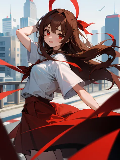 1girl, long brown hair, red eyes, wearing plain white shirt, wearing red ribbon in hair, red skirt, happy, city, absurdres, high res, ultrasharp, 8k, masterpiece