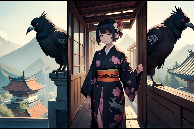 lo-fi graphic novel illustration, wildlife raven outfit the kimono, zen art inspired, on the temple roof, fused childrens book style and dark fantasy style,