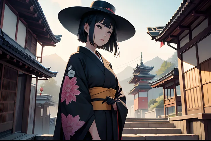 lo-fi graphic novel illustration, crow outfit the kimono, zen art inspired, on the temple roof, dark fantasy style,