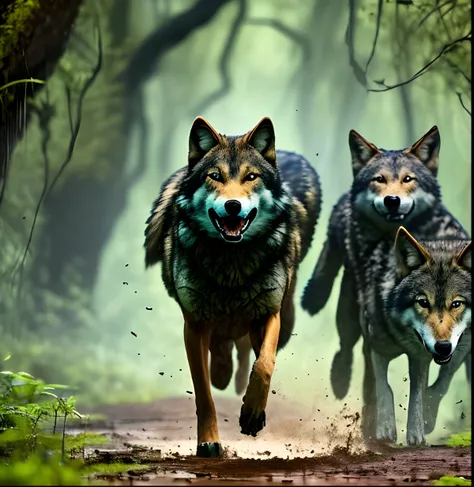 Create an image of a beautiful woman running away from a group of werewolves, through a swamp. In the background, depict wolves and creepy orange eyes ,dark green swamp --auto --s2