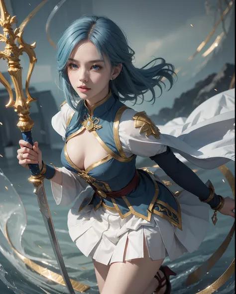 Kentei Academy Uniform、Swordsmanship Master、1Beautifulwoman、Kenjutsu Academy Uniform、,Blue hair,short-cut、skirt by the,Golden and blue eyes、Dynamism、Slow shutter、Angle from above the knee、Breasts are small and B size、A slender、Cleavage is visible。legs are ...