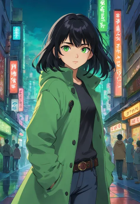 1girl, (masterpiece), black hair, green eyes, coat, black jeans, cyberpunk city