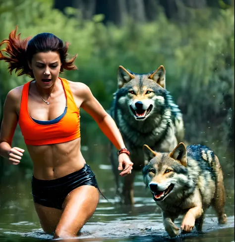 Create an image of a beautiful woman running away from a group of werewolves, through a swamp. In the background, depict wolves and creepy orange eyes ,dark green swamp --auto --s2