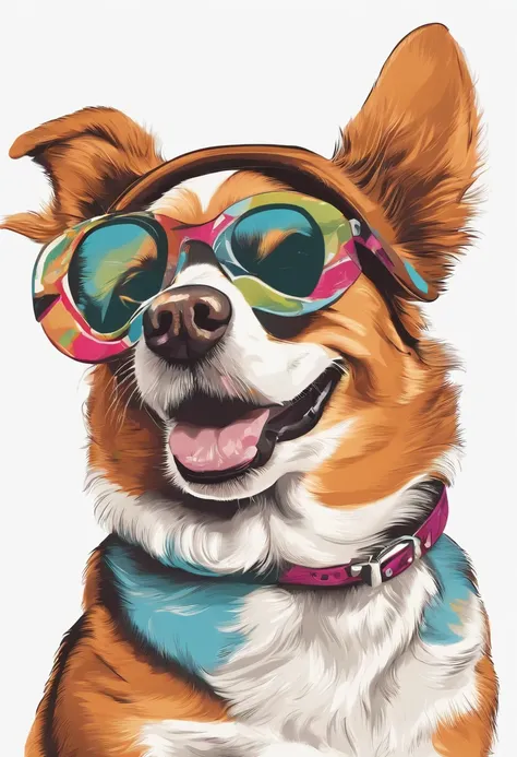 colorido: Graphic vector of a happy cute dog tshirt, wearing sunglasses, design de detalhe, colorido, contorno, fundo branco