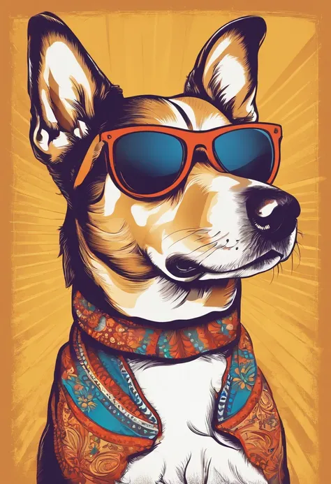 colorido: Graphic vector of a happy cute dog tshirt, wearing sunglasses, design de detalhe, colorido, contorno, fundo branco