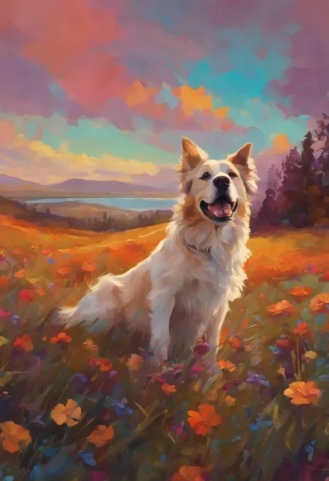 wallpaper , A crazy dog, digital illustation, Por Erin Hanson, oil paint, vivid colors , Aquarela, trending on ArtStation, foco nítido, Studio photo, detalhes intrincados, altamente detalhado, Directed by: Greg Rutkowski