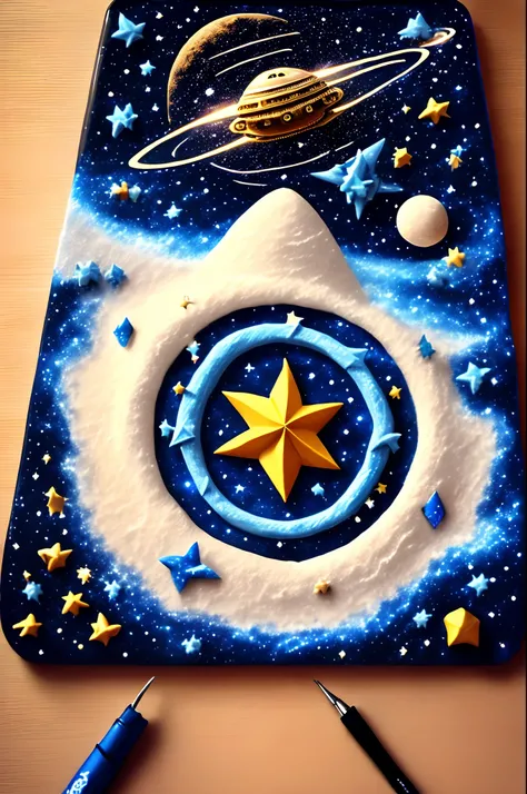 Create a blue flag with galaxy and a spaceship in the center