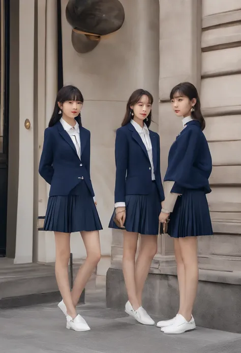 Three high school girls in navy blue pleated miniskirts stand side by side、Colossal、clivage du sein、Souligner、s cul、Culotte blanche、T-back blanc、Futomo、Un brun