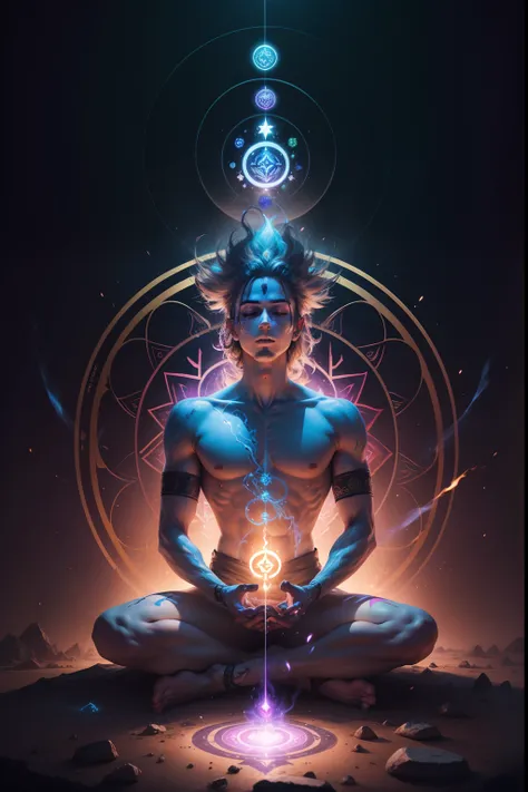 Awake man sitting meditating in the world of the 5th dimension, meditando em meio ao caos,  character render, ultra high quality model, ethereal background, beleza abstrata, explosive volumetric, oil painting, heavy strokes, gotejamento de tinta, 1 homem, ...