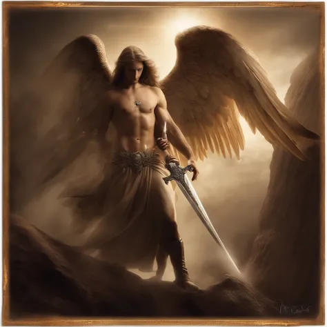 an image of an angel with a sword standing in hell, Anjo no inferno, arcanjo, angels vs demons, angel watching demon, angels and demons, anjo protegendo o homem, Arcanjo Miguel, O Anjo da Morte, Battle between angels and demons, anjo super largo, epic ange...