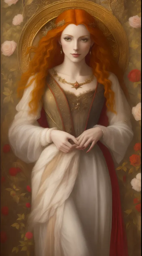 a painting of a woman with long red hair wearing a hat, portrait of princess merida, portrait of fairy, princess portrait, goddess portrait, portrait of a fairy, portrait of queen of light, beautiful maiden, portrait of fairy princess, mary jane ansell, po...