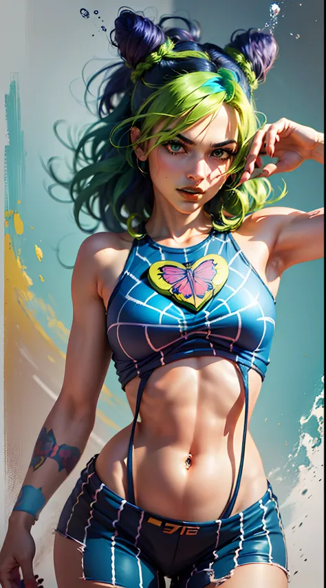 (best quality,4k,8k,highres,masterpiece:1.2),ultra-detailed,(realistic,photorealistic,photo-realistic:1.37),anime art,jolynejojo style,full-body render,green and blue hair,beautiful detailed eyes,beautiful detailed lips,long eyelashes,sakistyle crop top,st...