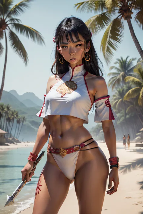 warrior tribe women, (skeptical facial expression), wearing 
Korean clothes, skinny, cute, perfect face, palm trees, beach, standing, weapon