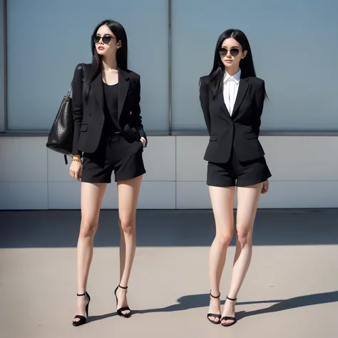 A Japanese Lady、beauitful face、Long black hair、Black sunglasses、Black Ol Suit、Black Micro Shorts、beauty legs、Raw feet、long legged、Tall、Height 175 cm、Black heels、arms in arms、Take a pose、Standing Pose