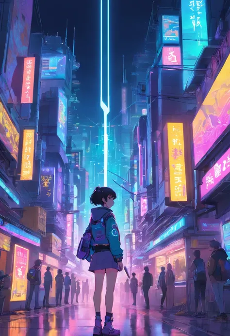 (Paisagem urbana cyberpunk) () Neonix, uma garota de anime cyberpunk, navigates the neon metropolis with a rebellious spirit. Seu cabelo parece pulsar com luzes neon, changing color with each heartbeat. Seus olhos seguram o brilho do desafio, reflecting th...