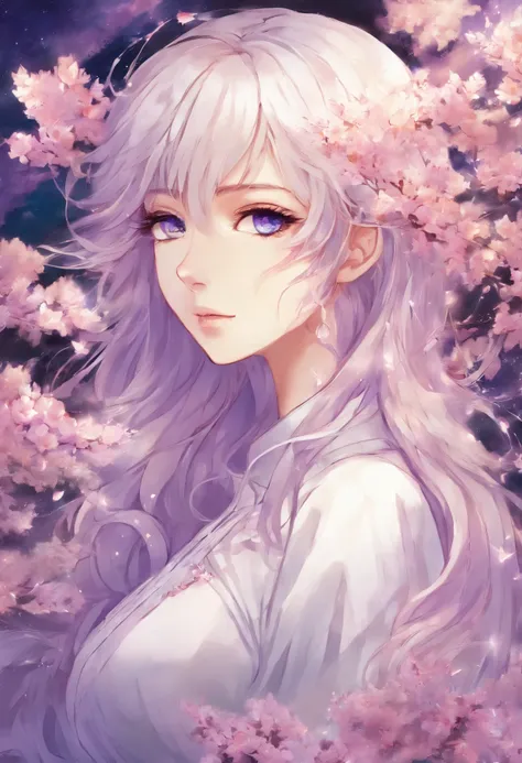 Beautiful adult woman, blond straight           hair, light purple eyes, glowing eyes,              magic, mysterious, blossom