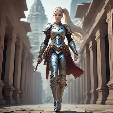 (8K, best quality: 1.2), (masterpiece: 1.37), (photo, photorealistic: 1.37), (ultra-high resolution), full body, walking pose, front shot, slow motion, female paladin using body full, (light silver armor: 1.2),(richly decorated armor), (amazingly detailed,...