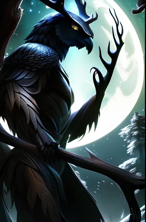 Masterpiece, highres, high Quality, night, dark forest, shadow, dynamic pose, humanoid creature with deer legs, deer head with owl face, skinny and malnourished body covered in feathers, arms and legs wrapped in bands,