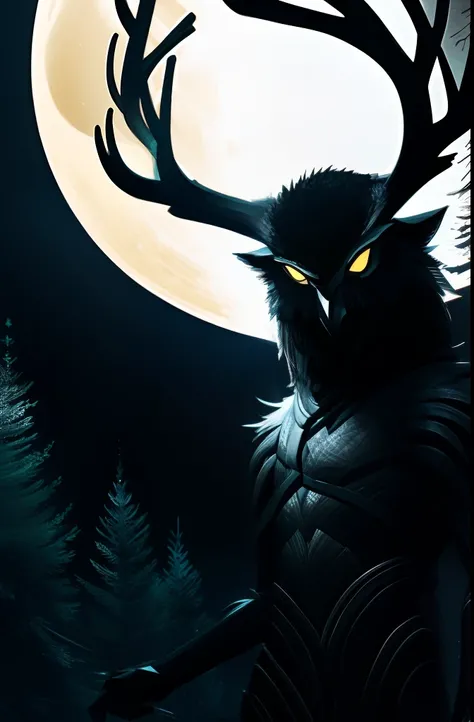 Masterpiece, highres, high Quality, night, dark forest, shadow, dynamic pose, humanoid creature with deer legs, deer head with owl face, skinny and malnourished body covered in feathers, arms and legs wrapped in bands,